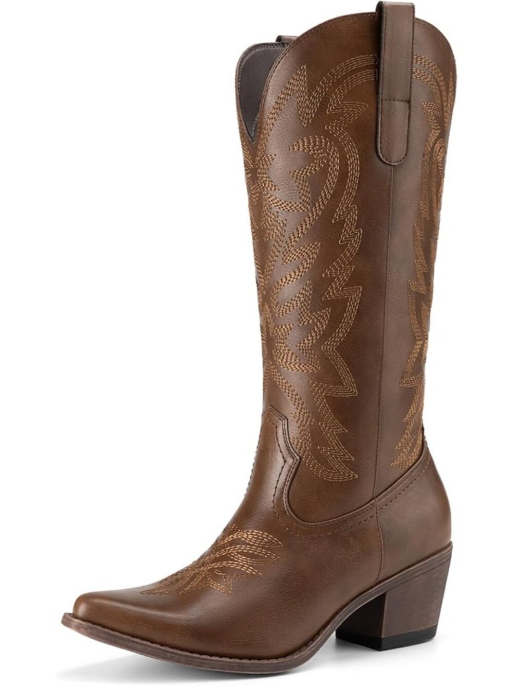 Women Brown (PU) Fashion Low Chunky Heel Toe Embroidery Western Mid Calf Boot